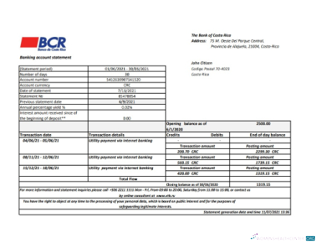 Download Costa Rica The Bank of Costa Rica bank statement excel Photoshop template